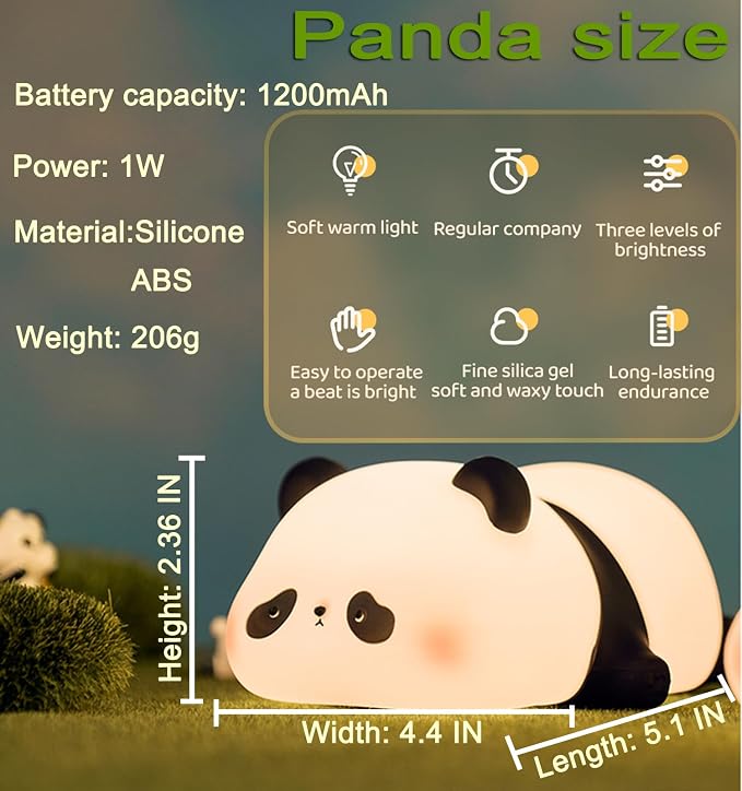 Lying Flat Panda Night Light,Silicone Dimmable Nursery Nightlight, Rechargeable Bedside Touch Lamp.